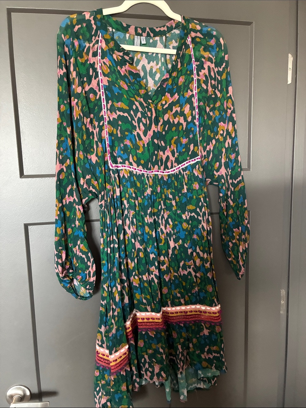 Girls' Green Floral Print Dress with Pink Trim